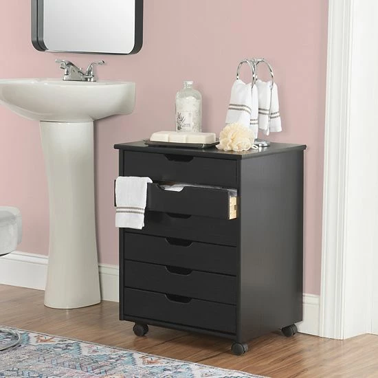 Linon Cary Wide 6-Drawer Rolling Storage Cart White Wash 4 Linon Cary Wide 6-Drawer Rolling Storage Cart White Wash - Image 4