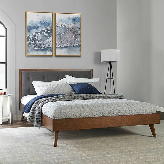Linon Mid-Century Modern Upholstered Platform Queen Bed 3 Linon Mid-Century Modern Upholstered Platform Queen Bed - Image 3