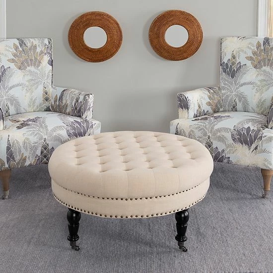 Linon Isabelle Round Tufted Ottoman Natural 2 Linon Isabelle Round Tufted Ottoman Natural - Image 2