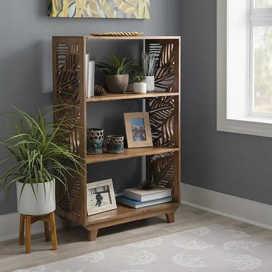 Linon Keily Palm Leaf 3-Shelf Bookcase 2 Linon Keily Palm Leaf 3-Shelf Bookcase - Image 2