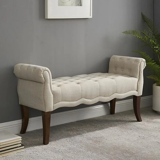 Linon Madison Rolled Arm Tufted Bench Natural 2 Linon Madison Rolled Arm Tufted Bench Natural - Image 2